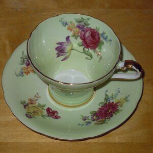 Aynsley Vintage Teacup and Saucer Bone China Green Corset Floral Flowers